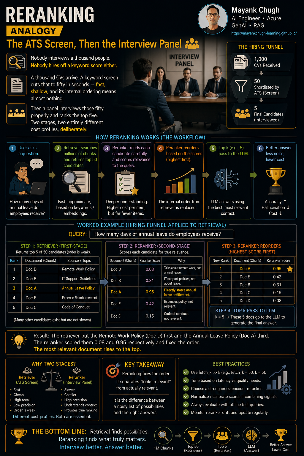 Reranking analogy: ATS screen then interview panel